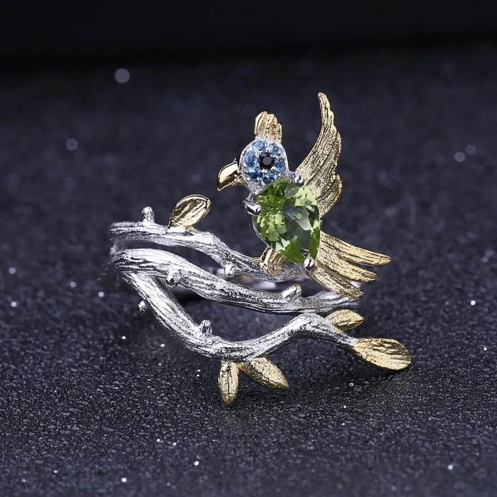 GEM'S BALLET 925 Sterling Silver Fine Jewelry 0.78Ct Natural Green Peridot Gemstone Ring Handmade Bird on Branch Rings for Women