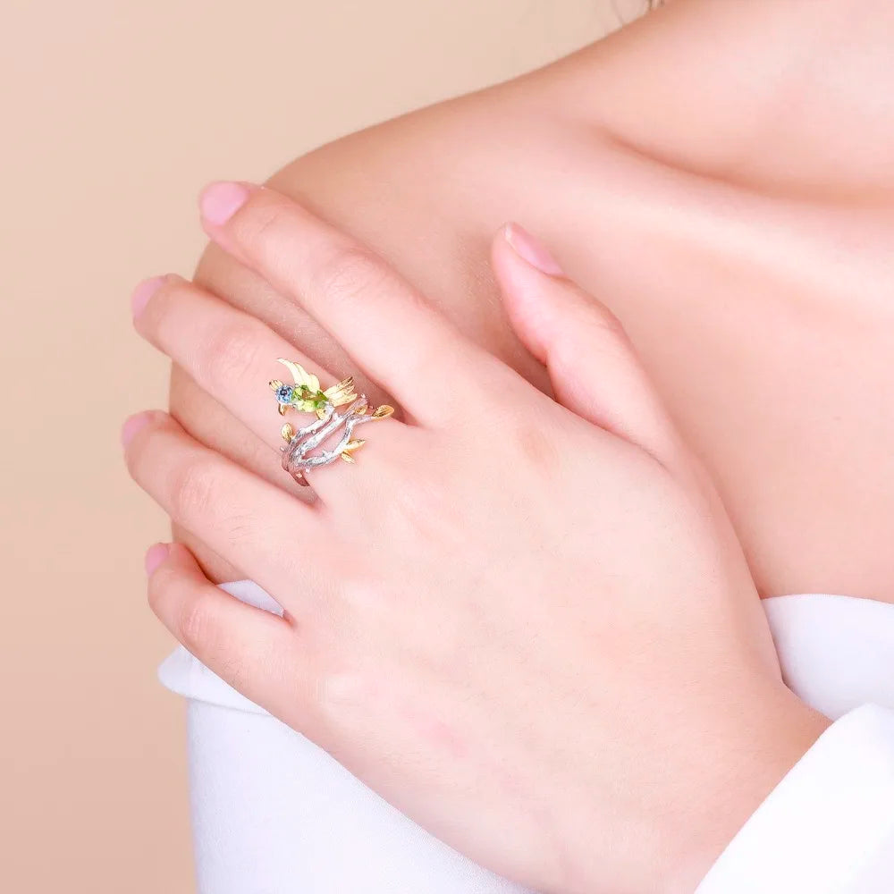 GEM'S BALLET 925 Sterling Silver Fine Jewelry 0.78Ct Natural Green Peridot Gemstone Ring Handmade Bird on Branch Rings for Women