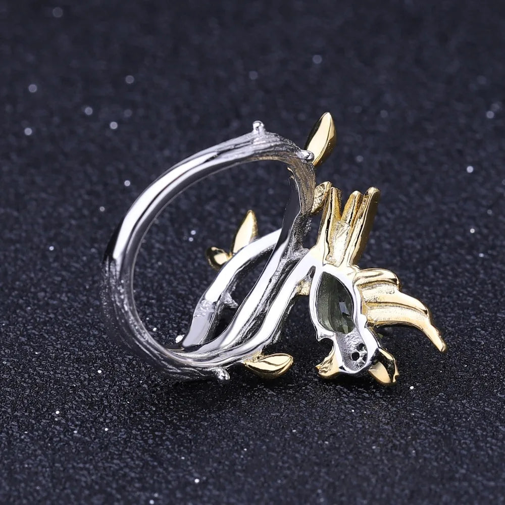 GEM'S BALLET 925 Sterling Silver Fine Jewelry 0.78Ct Natural Green Peridot Gemstone Ring Handmade Bird on Branch Rings for Women