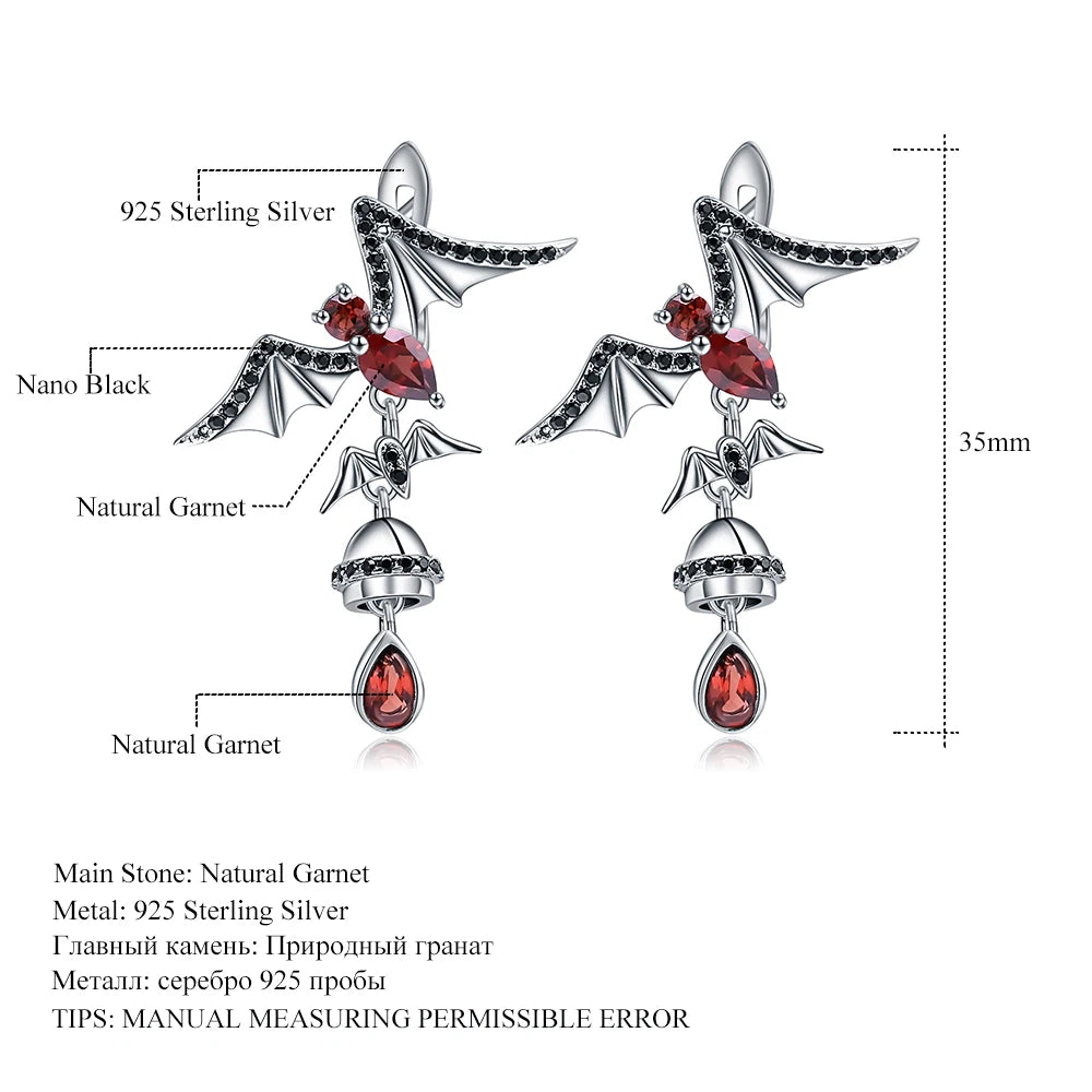 GEM'S BALLET Natural Garnet Gemstone Bat Earrings 925 Sterling Sliver Vintage Gothic Punk Drop Earrings For Women Party Jewelry