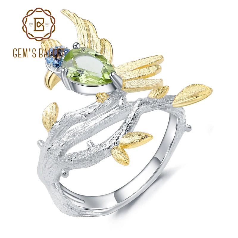 GEM'S BALLET 925 Sterling Silver Fine Jewelry 0.78Ct Natural Green Peridot Gemstone Ring Handmade Bird on Branch Rings for Women
